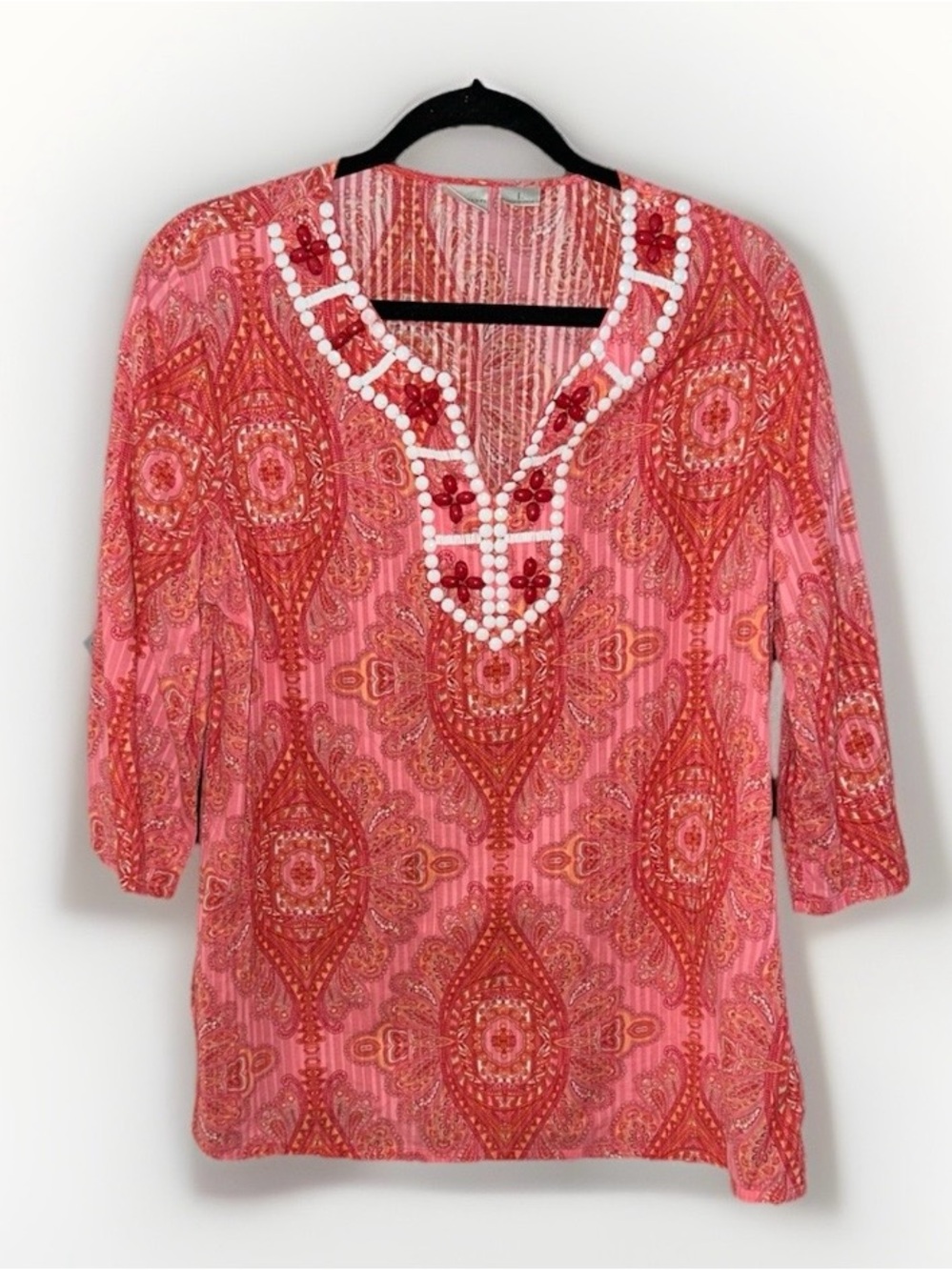 Emma James Women's Pink and Red Boho Embellished 3/4 Sleeve Top - Picture 2 of 4